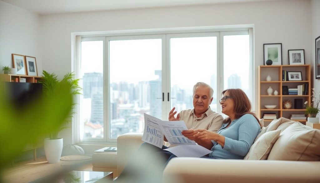 A modern, well-lit interior with a family sitting in a comfortable living room, discussing the use of FGTS (Brazil's Severance Indemnity Fund) for real estate financing. The scene features a large window overlooking a vibrant cityscape, casting natural light across the room. In the foreground, a middle-aged couple is engaged in a thoughtful conversation, gesturing towards financial documents and a tablet displaying relevant information. The background showcases bookshelves, framed artwork, and subtle, tasteful decor, creating a sense of a welcoming, aspirational home environment. The overall mood is one of informed discussion, financial literacy, and the prospect of realizing the dream of homeownership. A modern, well-lit interior with a family sitting in a comfortable living room, discussing the use of FGTS (Brazil's Severance Indemnity Fund) for real estate financing. The scene features a large window overlooking a vibrant cityscape, casting natural light across the room. In the foreground, a middle-aged couple is engaged in a thoughtful conversation, gesturing towards financial documents and a tablet displaying relevant information. The background showcases bookshelves, framed artwork, and subtle, tasteful decor, creating a sense of a welcoming, aspirational home environment. The overall mood is one of informed discussion, financial literacy, and the prospect of realizing the dream of homeownership.
