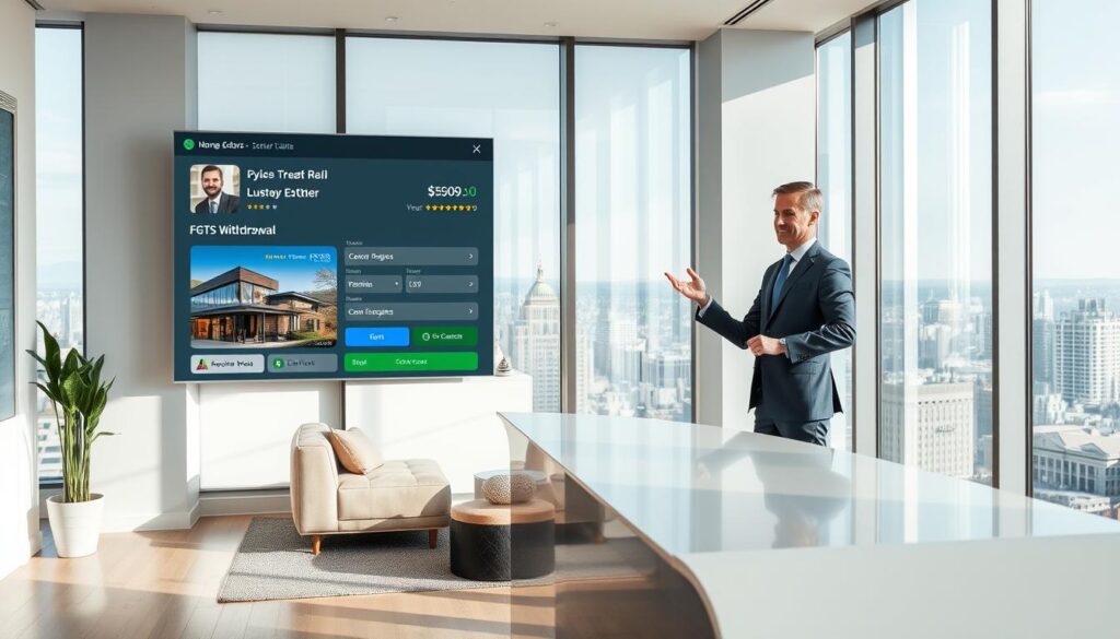 A modern, well-lit real estate office interior with a large window overlooking a cityscape. In the foreground, a professional realtor stands at a sleek, minimalist desk, gesturing towards a digital display showcasing property details and FGTS withdrawal options. The middle ground features a cozy seating area where clients can consult with the realtor. The background showcases the bustling city outside, highlighting the convenience and desirability of the property. The scene conveys a sense of expertise, professionalism, and the seamless integration of FGTS usage into the home-buying process. A modern, well-lit real estate office interior with a large window overlooking a cityscape. In the foreground, a professional realtor stands at a sleek, minimalist desk, gesturing towards a digital display showcasing property details and FGTS withdrawal options. The middle ground features a cozy seating area where clients can consult with the realtor. The background showcases the bustling city outside, highlighting the convenience and desirability of the property. The scene conveys a sense of expertise, professionalism, and the seamless integration of FGTS usage into the home-buying process.
