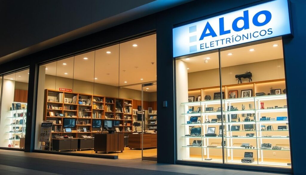 A modern, well-lit storefront with large windows showcasing a diverse selection of electronic components. The interior is meticulously organized, with neatly arranged shelves and displays highlighting the breadth of Aldo Componentes Eletrônicos' inventory. The lighting is warm and inviting, casting a soft glow across the space and drawing the viewer's attention to the high-quality products on offer. The exterior features a sleek, minimalist design with a prominent sign clearly displaying the company's name. The overall atmosphere conveys a sense of professionalism, reliability, and attention to detail, reflecting Aldo Componentes Eletrônicos' reputation as a leading provider of electronic components in Maringá. A modern, well-lit storefront with large windows showcasing a diverse selection of electronic components. The interior is meticulously organized, with neatly arranged shelves and displays highlighting the breadth of Aldo Componentes Eletrônicos' inventory. The lighting is warm and inviting, casting a soft glow across the space and drawing the viewer's attention to the high-quality products on offer. The exterior features a sleek, minimalist design with a prominent sign clearly displaying the company's name. The overall atmosphere conveys a sense of professionalism, reliability, and attention to detail, reflecting Aldo Componentes Eletrônicos' reputation as a leading provider of electronic components in Maringá.