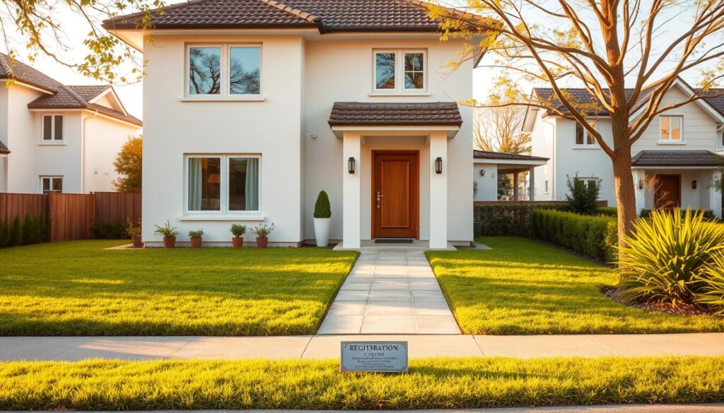 A modern, well-maintained residential property with a neatly trimmed lawn and a freshly painted exterior. The building has a classic two-story design with a tiled roof, large windows, and a polished wooden door. The scene is bathed in warm, golden sunlight, creating a welcoming and well-cared-for atmosphere. In the foreground, a small plaque or sign indicates the property's official registration, highlighting the importance of regularizing constructions and renovations. The background features a serene neighborhood with similar well-kept homes, emphasizing the benefits of proper documentation and the current situation regarding real estate legalization. A modern, well-maintained residential property with a neatly trimmed lawn and a freshly painted exterior. The building has a classic two-story design with a tiled roof, large windows, and a polished wooden door. The scene is bathed in warm, golden sunlight, creating a welcoming and well-cared-for atmosphere. In the foreground, a small plaque or sign indicates the property's official registration, highlighting the importance of regularizing constructions and renovations. The background features a serene neighborhood with similar well-kept homes, emphasizing the benefits of proper documentation and the current situation regarding real estate legalization.