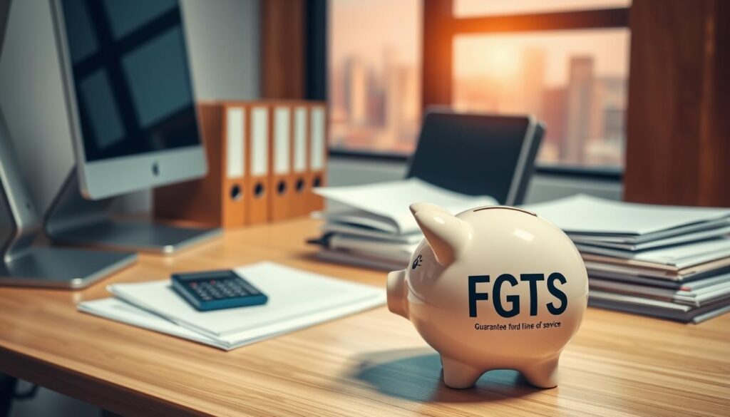 A neatly organized office space with a wooden desk, computer, and files. In the foreground, a piggy bank labeled "FGTS" sits prominently, representing the Guarantee Fund for Time of Service. The middle ground features a stack of documents and a calculator, hinting at the financial aspects of the FGTS. The background showcases a window overlooking a cityscape, bathed in warm, natural lighting, conveying a sense of productivity and financial security. The overall scene evokes the purpose and function of the FGTS, a key financial tool for Brazilian workers. A neatly organized office space with a wooden desk, computer, and files. In the foreground, a piggy bank labeled "FGTS" sits prominently, representing the Guarantee Fund for Time of Service. The middle ground features a stack of documents and a calculator, hinting at the financial aspects of the FGTS. The background showcases a window overlooking a cityscape, bathed in warm, natural lighting, conveying a sense of productivity and financial security. The overall scene evokes the purpose and function of the FGTS, a key financial tool for Brazilian workers.