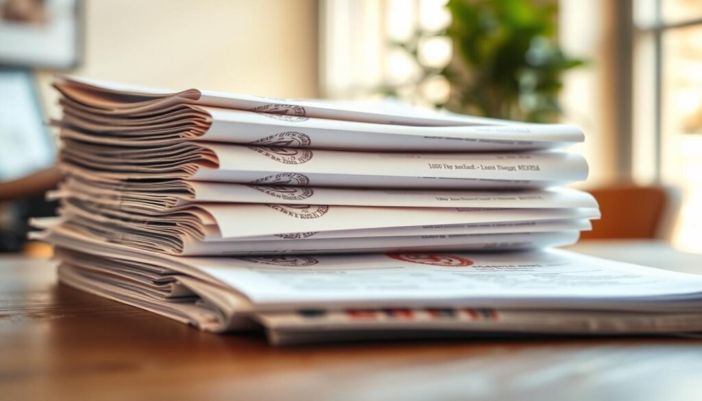 A neatly organized stack of official-looking financial documents on a wooden desk, illuminated by soft natural lighting filtering through a window. The documents have intricate stamps, seals, and signatures, conveying a sense of legitimacy and importance. The foreground is in sharp focus, while the background is blurred, drawing the viewer's attention to the central details. The mood is professional and authoritative, reflecting the seriousness of the financing process. The image should effectively communicate the essential documentation required for a bank to approve a financial loan or mortgage. A neatly organized stack of official-looking financial documents on a wooden desk, illuminated by soft natural lighting filtering through a window. The documents have intricate stamps, seals, and signatures, conveying a sense of legitimacy and importance. The foreground is in sharp focus, while the background is blurred, drawing the viewer's attention to the central details. The mood is professional and authoritative, reflecting the seriousness of the financing process. The image should effectively communicate the essential documentation required for a bank to approve a financial loan or mortgage.