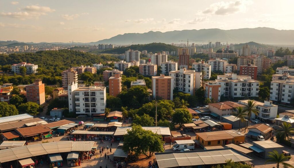 A panoramic aerial view of a vibrant real estate market in Maringá, Brazil. The foreground showcases a bustling mercado, or marketplace, with stalls and vendors offering a variety of goods. The middle ground features a diverse array of apartment buildings, each with its unique architectural style, some tall, some low-rise, creating a dynamic skyline. In the background, lush greenery and rolling hills set the scene, providing a serene natural backdrop to the urban landscape. The image is captured with a wide-angle lens, highlighting the breadth and scale of the scene. Warm, golden sunlight bathes the entire composition, creating a welcoming and inviting atmosphere. A panoramic aerial view of a vibrant real estate market in Maringá, Brazil. The foreground showcases a bustling mercado, or marketplace, with stalls and vendors offering a variety of goods. The middle ground features a diverse array of apartment buildings, each with its unique architectural style, some tall, some low-rise, creating a dynamic skyline. In the background, lush greenery and rolling hills set the scene, providing a serene natural backdrop to the urban landscape. The image is captured with a wide-angle lens, highlighting the breadth and scale of the scene. Warm, golden sunlight bathes the entire composition, creating a welcoming and inviting atmosphere.