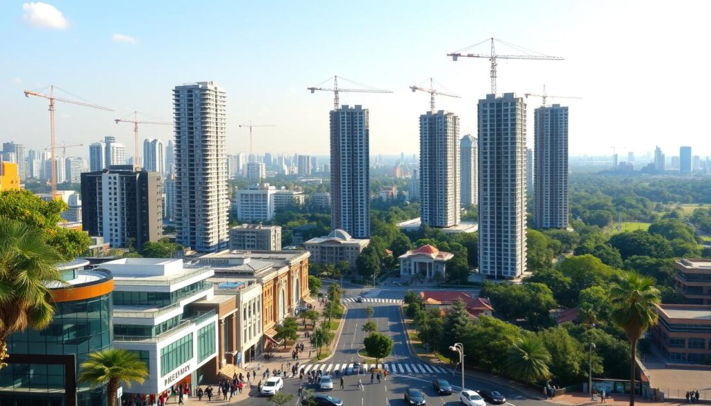 A panoramic cityscape of Maringá's bustling real estate market, with towering high-rise buildings and cranes dotting the skyline. In the foreground, a bustling street scene featuring people strolling past modern apartment complexes and gleaming real estate offices. The middle ground showcases a mix of newly constructed and partially-built residential towers, their sleek glass facades reflecting the warm sunlight. In the background, the lush, verdant landscape of Maringá's parks and greenery provide a natural contrast to the urban development, creating a harmonious blend of modernity and nature. The overall atmosphere conveys a sense of dynamic growth and opportunity within Maringá's thriving real estate market. A panoramic cityscape of Maringá's bustling real estate market, with towering high-rise buildings and cranes dotting the skyline. In the foreground, a bustling street scene featuring people strolling past modern apartment complexes and gleaming real estate offices. The middle ground showcases a mix of newly constructed and partially-built residential towers, their sleek glass facades reflecting the warm sunlight. In the background, the lush, verdant landscape of Maringá's parks and greenery provide a natural contrast to the urban development, creating a harmonious blend of modernity and nature. The overall atmosphere conveys a sense of dynamic growth and opportunity within Maringá's thriving real estate market.