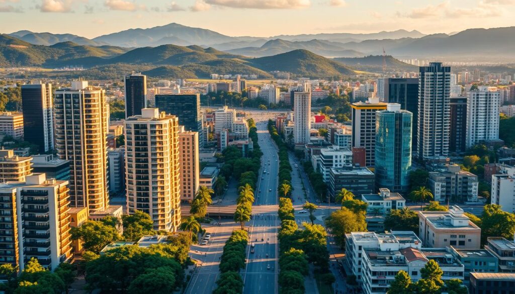 A panoramic cityscape of a bustling Brazilian real estate market, bathed in warm, golden sunlight. In the foreground, a diverse array of modern high-rise apartment buildings and office towers stand tall, their sleek glass facades reflecting the vibrant urban landscape. In the middle ground, tree-lined avenues and bustling sidewalks teem with people, showcasing the thriving residential and commercial activity. In the background, rolling hills and lush greenery create a serene and picturesque setting, hinting at the potential for long-term growth and investment opportunities. The scene conveys a sense of security, stability, and passive income potential for savvy real estate investors. A panoramic cityscape of a bustling Brazilian real estate market, bathed in warm, golden sunlight. In the foreground, a diverse array of modern high-rise apartment buildings and office towers stand tall, their sleek glass facades reflecting the vibrant urban landscape. In the middle ground, tree-lined avenues and bustling sidewalks teem with people, showcasing the thriving residential and commercial activity. In the background, rolling hills and lush greenery create a serene and picturesque setting, hinting at the potential for long-term growth and investment opportunities. The scene conveys a sense of security, stability, and passive income potential for savvy real estate investors.