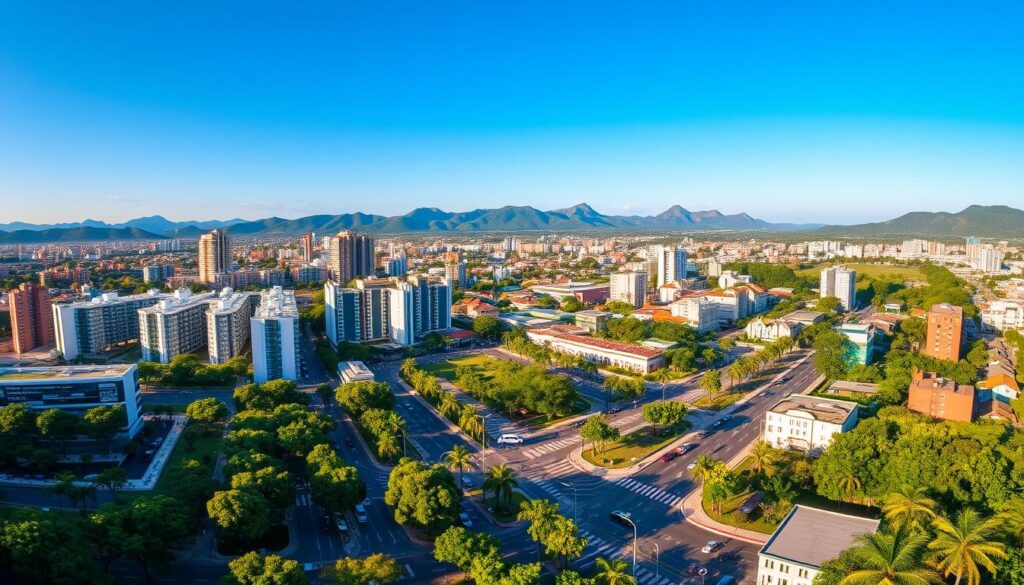 A panoramic cityscape of the best neighborhoods in Maringá, Brazil, showcasing their vibrant essence. In the foreground, bustling streets lined with lush greenery and modern high-rise buildings, reflecting the city's dynamic growth and development. The middle ground features well-maintained parks, bustling plazas, and thriving commercial hubs, capturing the excellent quality of life and abundance of leisure activities. In the background, rolling hills and a clear blue sky create a picturesque setting, emphasizing Maringá's natural beauty and ideal climate. The scene is illuminated by warm, golden sunlight, conveying a sense of tranquility and community. Captured with a wide-angle lens to encapsulate the sprawling cityscape and its harmonious blend of urban and natural elements. A panoramic cityscape of the best neighborhoods in Maringá, Brazil, showcasing their vibrant essence. In the foreground, bustling streets lined with lush greenery and modern high-rise buildings, reflecting the city's dynamic growth and development. The middle ground features well-maintained parks, bustling plazas, and thriving commercial hubs, capturing the excellent quality of life and abundance of leisure activities. In the background, rolling hills and a clear blue sky create a picturesque setting, emphasizing Maringá's natural beauty and ideal climate. The scene is illuminated by warm, golden sunlight, conveying a sense of tranquility and community. Captured with a wide-angle lens to encapsulate the sprawling cityscape and its harmonious blend of urban and natural elements.