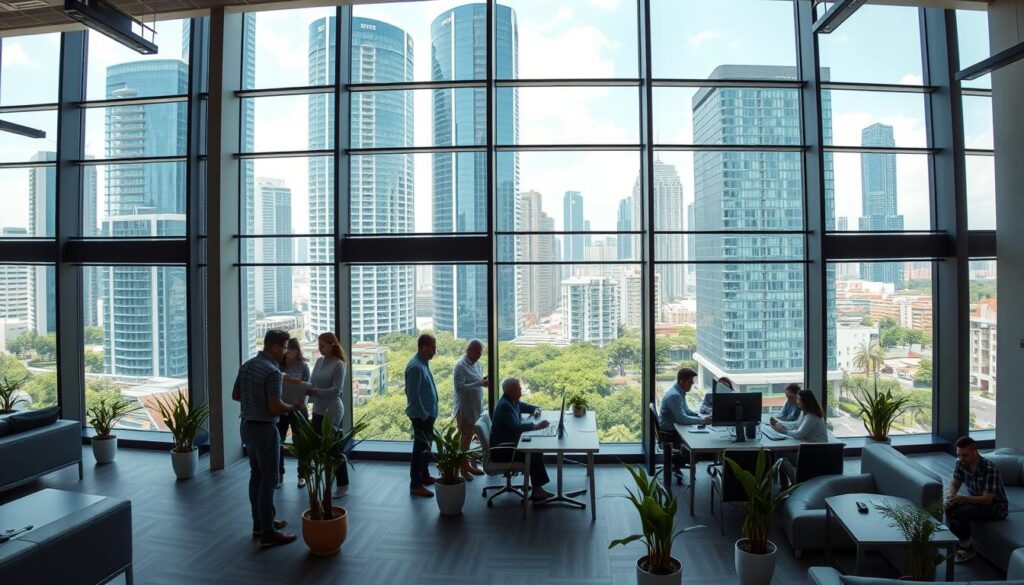 A panoramic view of a bustling commercial office space in Maringá, Brazil. The foreground features a modern, minimalist interior with sleek furniture, potted plants, and large windows that flood the space with natural light. In the middle ground, several professionals are engaged in lively discussions, collaborating at shared desks or taking calls. The background showcases the vibrant cityscape of Maringá, with towering skyscrapers and lush greenery visible through the windows. The overall scene conveys an atmosphere of productivity, professionalism, and a thriving commercial landscape. The image is captured with a wide-angle lens, emphasizing the expansive, open feel of the space. A panoramic view of a bustling commercial office space in Maringá, Brazil. The foreground features a modern, minimalist interior with sleek furniture, potted plants, and large windows that flood the space with natural light. In the middle ground, several professionals are engaged in lively discussions, collaborating at shared desks or taking calls. The background showcases the vibrant cityscape of Maringá, with towering skyscrapers and lush greenery visible through the windows. The overall scene conveys an atmosphere of productivity, professionalism, and a thriving commercial landscape. The image is captured with a wide-angle lens, emphasizing the expansive, open feel of the space.