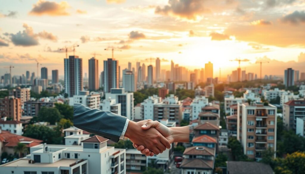 A panoramic view of a bustling real estate market in Brazil. In the foreground, two figures shake hands, finalizing a property transaction. The middle ground showcases a variety of modern apartment buildings and family homes, each with distinct architectural styles. In the background, a cityscape of skyscrapers and cranes against a vibrant sky, hinting at the dynamic growth of the Brazilian real estate industry. The scene is illuminated by warm, golden lighting, conveying a sense of prosperity and opportunity. The composition highlights the seamless integration of residential and commercial properties, reflecting the comprehensive nature of the Brazilian real estate market. A panoramic view of a bustling real estate market in Brazil. In the foreground, two figures shake hands, finalizing a property transaction. The middle ground showcases a variety of modern apartment buildings and family homes, each with distinct architectural styles. In the background, a cityscape of skyscrapers and cranes against a vibrant sky, hinting at the dynamic growth of the Brazilian real estate industry. The scene is illuminated by warm, golden lighting, conveying a sense of prosperity and opportunity. The composition highlights the seamless integration of residential and commercial properties, reflecting the comprehensive nature of the Brazilian real estate market.