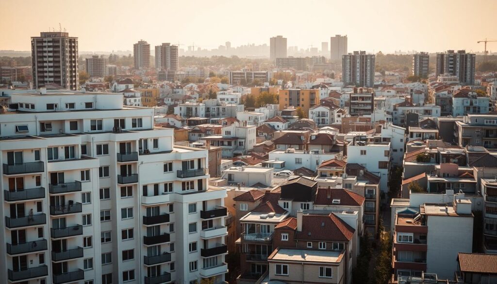A panoramic view of a densely packed residential district, showcasing a diverse array of compact living spaces. In the foreground, modern apartment buildings with clean lines and minimalist facades stand side by side, their balconies and windows hinting at the efficient use of space within. The middle ground reveals a mix of loft-style units and studio apartments, their unique architectural features blending seamlessly into the urban landscape. In the background, the skyline is dotted with high-rise flats, their sleek silhouettes contrasting with the more modest dwellings below. The scene is bathed in warm, golden light, casting a cozy, inviting atmosphere over the tightly-knit community. The overall impression conveys the variety and versatility of compact living options available in this vibrant urban setting. A panoramic view of a densely packed residential district, showcasing a diverse array of compact living spaces. In the foreground, modern apartment buildings with clean lines and minimalist facades stand side by side, their balconies and windows hinting at the efficient use of space within. The middle ground reveals a mix of loft-style units and studio apartments, their unique architectural features blending seamlessly into the urban landscape. In the background, the skyline is dotted with high-rise flats, their sleek silhouettes contrasting with the more modest dwellings below. The scene is bathed in warm, golden light, casting a cozy, inviting atmosphere over the tightly-knit community. The overall impression conveys the variety and versatility of compact living options available in this vibrant urban setting.