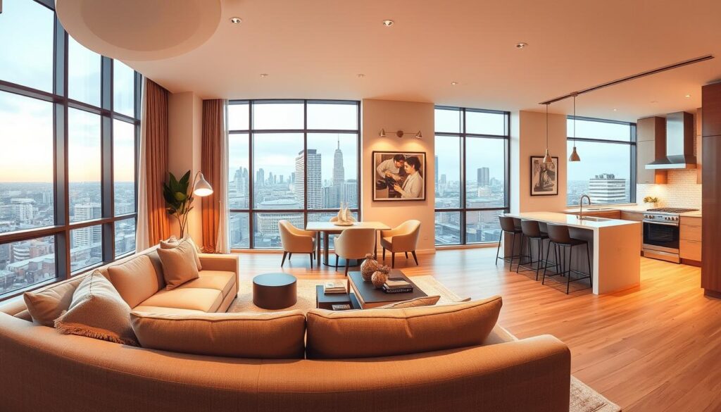 A panoramic view of a modern, well-lit apartment interior. In the foreground, a spacious living room with large windows overlooking a city skyline. Plush furniture, minimalist decor, and warm ambient lighting create a cozy, inviting atmosphere. The middle ground features a sleek, contemporary kitchen with high-end appliances and ample counter space. In the background, a hallway leads to what appears to be a bedroom or home office, hinting at the overall layout and functionality of the space. The overall impression is one of comfort, efficiency, and an aspirational lifestyle, capturing the essence of a desirable, financed property. A panoramic view of a modern, well-lit apartment interior. In the foreground, a spacious living room with large windows overlooking a city skyline. Plush furniture, minimalist decor, and warm ambient lighting create a cozy, inviting atmosphere. The middle ground features a sleek, contemporary kitchen with high-end appliances and ample counter space. In the background, a hallway leads to what appears to be a bedroom or home office, hinting at the overall layout and functionality of the space. The overall impression is one of comfort, efficiency, and an aspirational lifestyle, capturing the essence of a desirable, financed property.