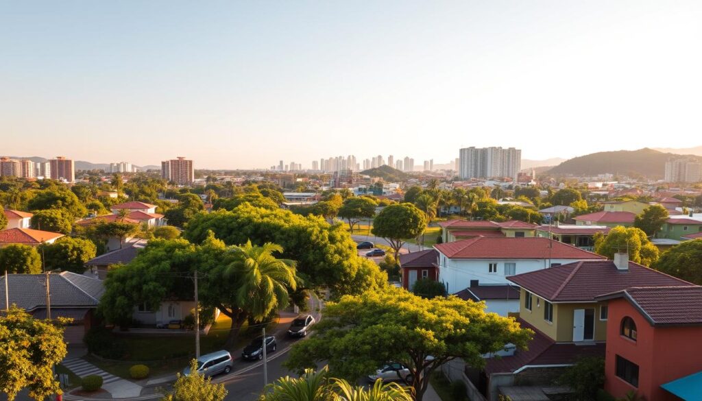 A panoramic view of a residential neighborhood in Maringá, Brazil. The foreground features well-maintained houses with lush landscaping, varied architectural styles, and vibrant colors. In the middle ground, tree-lined streets wind between the homes, with parked cars and pedestrians visible. The background showcases the city skyline, with modern high-rise buildings and lush green hills in the distance. The scene is bathed in warm, golden afternoon light, creating a welcoming, homely atmosphere. The image captures the diversity and charm of the residential rental market in Maringá. A panoramic view of a residential neighborhood in Maringá, Brazil. The foreground features well-maintained houses with lush landscaping, varied architectural styles, and vibrant colors. In the middle ground, tree-lined streets wind between the homes, with parked cars and pedestrians visible. The background showcases the city skyline, with modern high-rise buildings and lush green hills in the distance. The scene is bathed in warm, golden afternoon light, creating a welcoming, homely atmosphere. The image captures the diversity and charm of the residential rental market in Maringá.