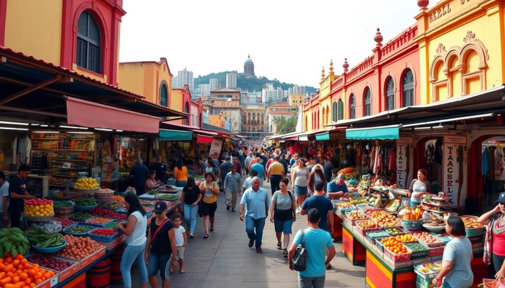 A panoramic view of the bustling Maringá Market, with its vibrant stalls, bustling crowds, and vibrant architectural details. In the foreground, vendors display their wares, from fresh produce to handcrafted goods. The middle ground is filled with shoppers navigating the lively atmosphere, capturing the energy and excitement of the local market. In the background, the distinctive buildings of Maringá's cityscape rise up, providing a picturesque backdrop to the scene. The image is captured with a wide-angle lens, creating a sense of depth and immersion, and is illuminated by warm, natural lighting that enhances the lively, inviting mood. A panoramic view of the bustling Maringá Market, with its vibrant stalls, bustling crowds, and vibrant architectural details. In the foreground, vendors display their wares, from fresh produce to handcrafted goods. The middle ground is filled with shoppers navigating the lively atmosphere, capturing the energy and excitement of the local market. In the background, the distinctive buildings of Maringá's cityscape rise up, providing a picturesque backdrop to the scene. The image is captured with a wide-angle lens, creating a sense of depth and immersion, and is illuminated by warm, natural lighting that enhances the lively, inviting mood.