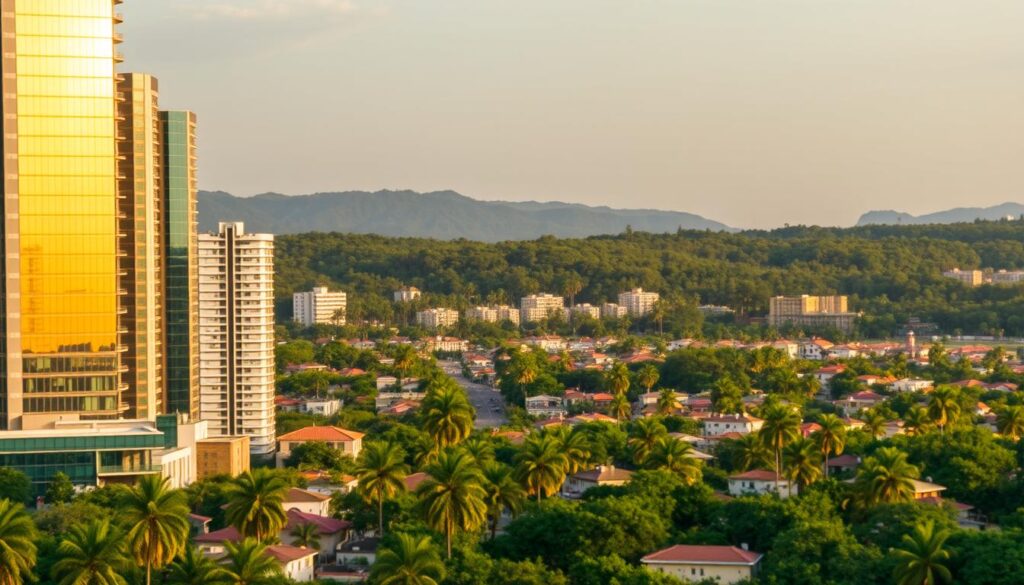 A panoramic view of the bustling real estate market in Maringá, Brazil. In the foreground, modern high-rise buildings stand tall, their sleek glass facades reflecting the warm, golden light of the sun. In the middle ground, rows of residential houses and apartment complexes dot the landscape, showcasing the city's diverse housing options. The background is filled with lush greenery, with towering palm trees swaying gently in the breeze, creating a picturesque and serene backdrop. The scene is bathed in a soft, warm glow, capturing the vibrant and thriving nature of Maringá's real estate landscape. A panoramic view of the bustling real estate market in Maringá, Brazil. In the foreground, modern high-rise buildings stand tall, their sleek glass facades reflecting the warm, golden light of the sun. In the middle ground, rows of residential houses and apartment complexes dot the landscape, showcasing the city's diverse housing options. The background is filled with lush greenery, with towering palm trees swaying gently in the breeze, creating a picturesque and serene backdrop. The scene is bathed in a soft, warm glow, capturing the vibrant and thriving nature of Maringá's real estate landscape.
