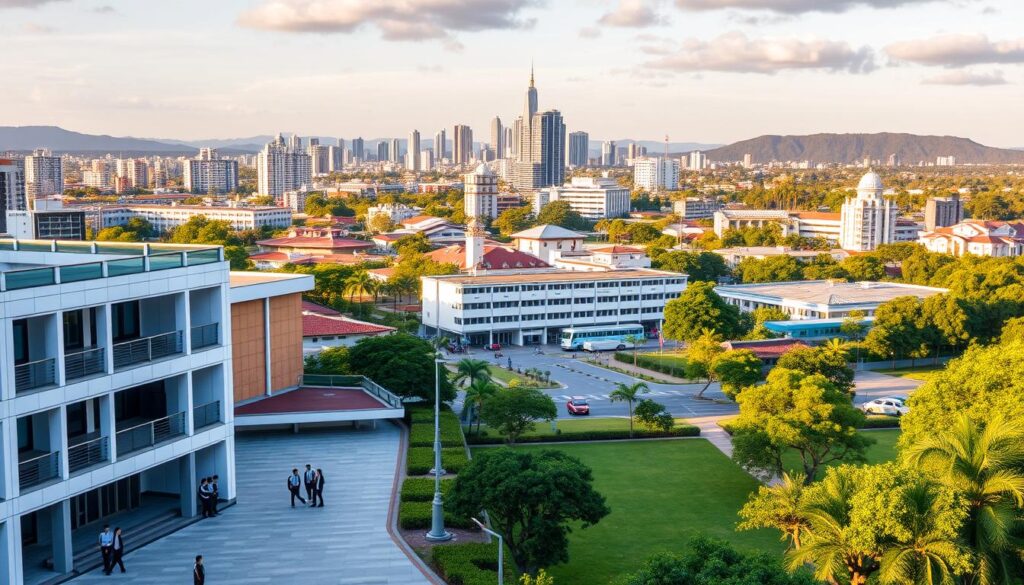 A panoramic view of the educational landscape in Maringá, Brazil. In the foreground, a modern, architecturally striking private school campus with well-maintained grounds and inviting green spaces. Students in crisp uniforms can be seen entering the building, conveying a sense of discipline and academic focus. The middle ground features a bustling urban scene, with other private schools and educational institutions dotting the cityscape, their impressive facades hinting at the quality of education they provide. In the background, the distinctive skyline of Maringá rises, a mix of contemporary high-rises and lush, verdant foliage, creating an atmosphere of progress and prosperity. Warm, golden sunlight filters through the scene, evoking a sense of optimism and opportunity. The overall composition conveys the thriving and diverse educational ecosystem of Maringá. A panoramic view of the educational landscape in Maringá, Brazil. In the foreground, a modern, architecturally striking private school campus with well-maintained grounds and inviting green spaces. Students in crisp uniforms can be seen entering the building, conveying a sense of discipline and academic focus. The middle ground features a bustling urban scene, with other private schools and educational institutions dotting the cityscape, their impressive facades hinting at the quality of education they provide. In the background, the distinctive skyline of Maringá rises, a mix of contemporary high-rises and lush, verdant foliage, creating an atmosphere of progress and prosperity. Warm, golden sunlight filters through the scene, evoking a sense of optimism and opportunity. The overall composition conveys the thriving and diverse educational ecosystem of Maringá.
