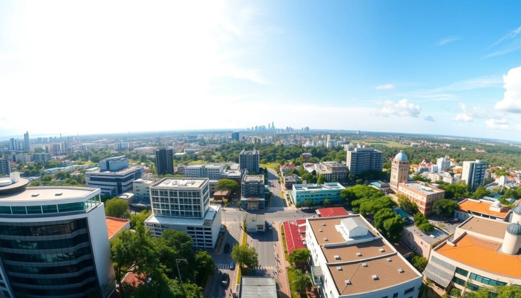 A panoramic vista of Maringá's higher education landscape, captured with a wide-angle lens under a bright, sun-dappled sky. In the foreground, modern university campuses with cutting-edge architectural designs stand tall, their facades reflecting the city's progressive spirit. The middle ground features a diverse array of educational institutions, each with its unique character, from prestigious private universities to renowned public research hubs. In the distance, the cityscape unfolds, with skyscrapers and lush green spaces creating a harmonious backdrop, hinting at the vibrant ecosystem that supports Maringá's thriving academic community. A panoramic vista of Maringá's higher education landscape, captured with a wide-angle lens under a bright, sun-dappled sky. In the foreground, modern university campuses with cutting-edge architectural designs stand tall, their facades reflecting the city's progressive spirit. The middle ground features a diverse array of educational institutions, each with its unique character, from prestigious private universities to renowned public research hubs. In the distance, the cityscape unfolds, with skyscrapers and lush green spaces creating a harmonious backdrop, hinting at the vibrant ecosystem that supports Maringá's thriving academic community.