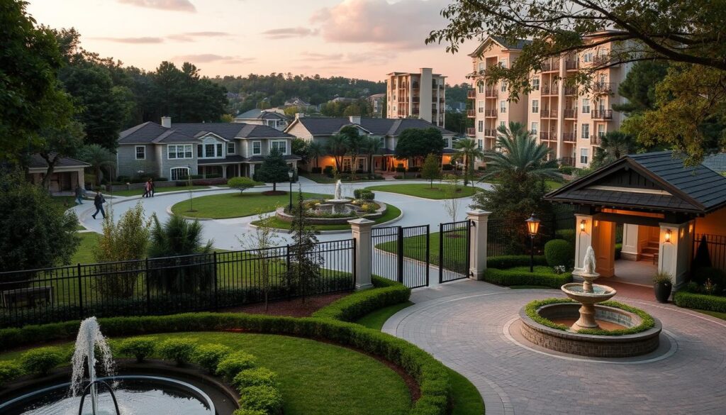 A peaceful gated community nestled in lush greenery, with a meticulously designed perimeter fence and a well-staffed guardhouse at the entrance. The foreground features a graceful water fountain and intricate landscaping, conveying a sense of security and exclusivity. In the middle ground, residents stroll leisurely along paved walkways, enjoying the privacy and tranquility of their surroundings. The background reveals elegant townhouses and high-rise condominiums, their modern architecture complemented by strategic lighting that casts a warm, inviting glow. The overall atmosphere radiates a harmonious blend of privacy, safety, and controlled access, creating an oasis of comfort and convenience for those who call this condominium community home. A peaceful gated community nestled in lush greenery, with a meticulously designed perimeter fence and a well-staffed guardhouse at the entrance. The foreground features a graceful water fountain and intricate landscaping, conveying a sense of security and exclusivity. In the middle ground, residents stroll leisurely along paved walkways, enjoying the privacy and tranquility of their surroundings. The background reveals elegant townhouses and high-rise condominiums, their modern architecture complemented by strategic lighting that casts a warm, inviting glow. The overall atmosphere radiates a harmonious blend of privacy, safety, and controlled access, creating an oasis of comfort and convenience for those who call this condominium community home.