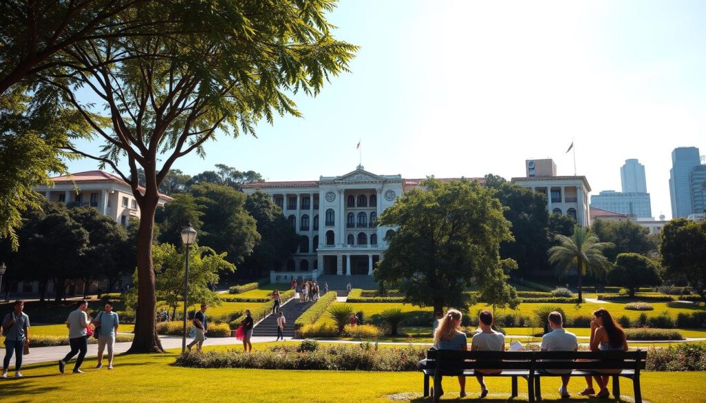 A picturesque campus nestled in the heart of Maringá, Brazil. The faculdades (universities) stand tall, their modern architecture gleaming in the warm sunlight. Lush greenery surrounds the buildings, creating a serene, park-like atmosphere. Students casually stroll through the grounds, engaged in lively discussions. In the foreground, a group of young scholars sit on benches, poring over their books. The middle ground features the main administrative building, its façade adorned with intricate details. In the background, the silhouettes of other faculdades can be seen, hinting at the vibrant educational landscape of the city. A sense of academic excellence and community permeates the scene, capturing the essence of the top-rated institutions in Maringá. A picturesque campus nestled in the heart of Maringá, Brazil. The faculdades (universities) stand tall, their modern architecture gleaming in the warm sunlight. Lush greenery surrounds the buildings, creating a serene, park-like atmosphere. Students casually stroll through the grounds, engaged in lively discussions. In the foreground, a group of young scholars sit on benches, poring over their books. The middle ground features the main administrative building, its façade adorned with intricate details. In the background, the silhouettes of other faculdades can be seen, hinting at the vibrant educational landscape of the city. A sense of academic excellence and community permeates the scene, capturing the essence of the top-rated institutions in Maringá.