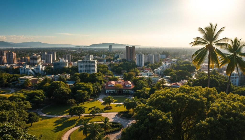 A picturesque cityscape of Maringá, Brazil, bathed in warm, golden sunlight. In the foreground, lush, verdant parks and gardens with winding paths invite residents to enjoy the outdoors. The middle ground features a mix of modern, high-rise buildings and charming, low-rise structures, reflecting the city's balanced development. In the background, towering palm trees sway gently, adding to the tranquil, tropical ambiance. The scene exudes a sense of harmony, wellness, and a high quality of life, capturing the essence of the "vantagens" or advantages of living in this vibrant, well-planned city. A picturesque cityscape of Maringá, Brazil, bathed in warm, golden sunlight. In the foreground, lush, verdant parks and gardens with winding paths invite residents to enjoy the outdoors. The middle ground features a mix of modern, high-rise buildings and charming, low-rise structures, reflecting the city's balanced development. In the background, towering palm trees sway gently, adding to the tranquil, tropical ambiance. The scene exudes a sense of harmony, wellness, and a high quality of life, capturing the essence of the "vantagens" or advantages of living in this vibrant, well-planned city.