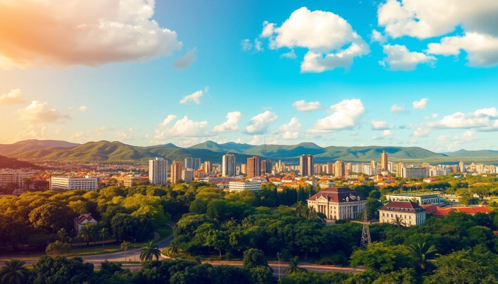 A picturesque cityscape of Maringá, a vibrant and thriving city in southern Brazil. In the foreground, lush, verdant parks and tree-lined boulevards create a tranquil, inviting atmosphere. The middle ground features a blend of modern high-rises and charming historic buildings, reflecting the city's dynamic blend of old and new. The background is dominated by rolling hills, framed by a clear, azure sky dotted with fluffy white clouds. Warm, golden sunlight bathes the scene, lending a sense of warmth and prosperity. The overall composition conveys Maringá's reputation as a livable, well-planned city that harmoniously integrates its natural and built environments, making it an appealing destination for those seeking a high quality of life. A picturesque cityscape of Maringá, a vibrant and thriving city in southern Brazil. In the foreground, lush, verdant parks and tree-lined boulevards create a tranquil, inviting atmosphere. The middle ground features a blend of modern high-rises and charming historic buildings, reflecting the city's dynamic blend of old and new. The background is dominated by rolling hills, framed by a clear, azure sky dotted with fluffy white clouds. Warm, golden sunlight bathes the scene, lending a sense of warmth and prosperity. The overall composition conveys Maringá's reputation as a livable, well-planned city that harmoniously integrates its natural and built environments, making it an appealing destination for those seeking a high quality of life.