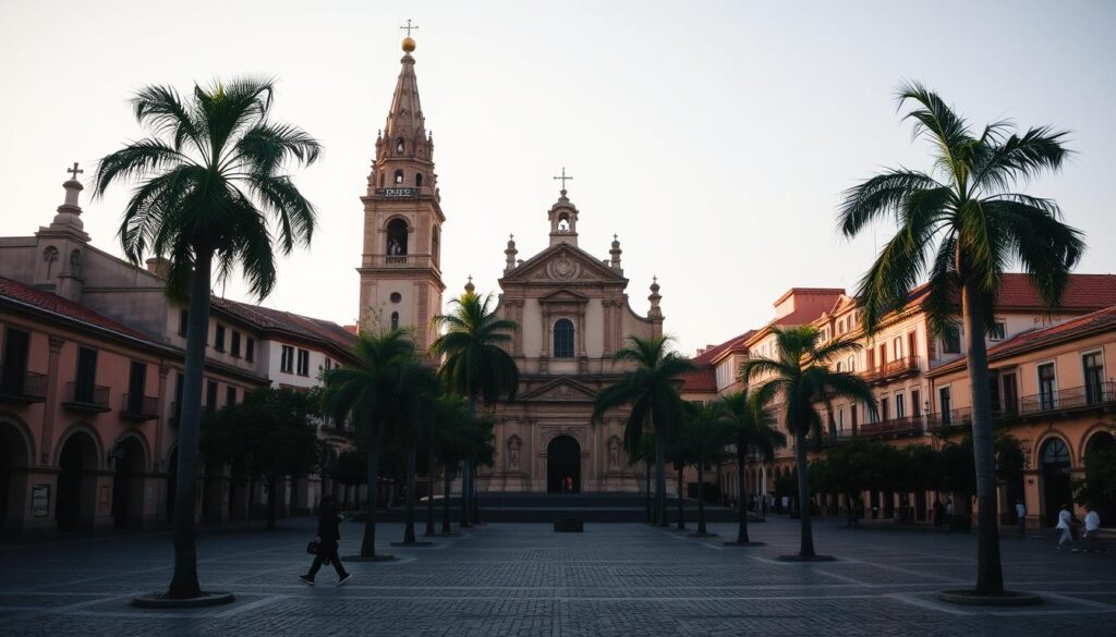 A picturesque, historical city center with a grand, ornate Catholic church as the centerpiece. The church's towering spires and intricate architectural details stand in contrast to the surrounding colonial-style buildings with their red tiled roofs and warm, earthy tones. A serene public plaza fronts the church, dotted with tall, graceful palm trees casting gentle shadows across the cobblestone pavement. The scene is bathed in soft, golden afternoon light, evoking a sense of timeless elegance and civic pride. A picturesque, historical city center with a grand, ornate Catholic church as the centerpiece. The church's towering spires and intricate architectural details stand in contrast to the surrounding colonial-style buildings with their red tiled roofs and warm, earthy tones. A serene public plaza fronts the church, dotted with tall, graceful palm trees casting gentle shadows across the cobblestone pavement. The scene is bathed in soft, golden afternoon light, evoking a sense of timeless elegance and civic pride.