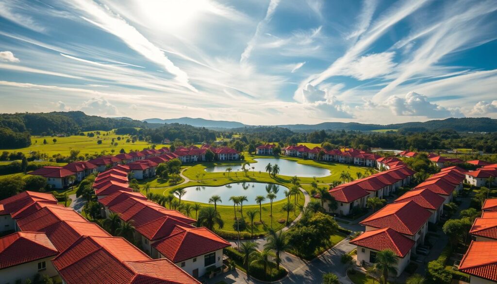 A picturesque residential community nestled in the verdant landscapes of Maringá, Brazil. Rows of well-appointed homes with red tiled roofs, lush greenery, and a serene lake at the center. Warm sunlight filters through wispy clouds, casting a golden glow across the scene. Sleek modern architecture blends seamlessly with the natural environment, creating a harmonious and tranquil atmosphere. Manicured gardens, shaded walkways, and recreational amenities hint at the high-end lifestyle within this exclusive gated community. A peaceful oasis that exemplifies the appeal of condominium living in the vibrant city of Maringá. A picturesque residential community nestled in the verdant landscapes of Maringá, Brazil. Rows of well-appointed homes with red tiled roofs, lush greenery, and a serene lake at the center. Warm sunlight filters through wispy clouds, casting a golden glow across the scene. Sleek modern architecture blends seamlessly with the natural environment, creating a harmonious and tranquil atmosphere. Manicured gardens, shaded walkways, and recreational amenities hint at the high-end lifestyle within this exclusive gated community. A peaceful oasis that exemplifies the appeal of condominium living in the vibrant city of Maringá.