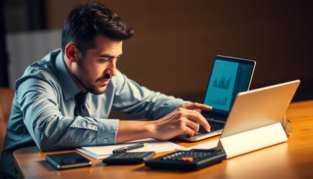 A professional, clean-cut businessman sitting at a desk, studying financial documents and analyzing credit data on a laptop screen. The desk is neatly organized, with a calculator, pen, and a cup of coffee nearby. Warm, directional lighting illuminates the scene, creating a sense of focus and productivity. The background is blurred, emphasizing the subject matter. The overall mood is one of thoughtful consideration and financial diligence, reflecting the importance of thorough credit analysis. A professional, clean-cut businessman sitting at a desk, studying financial documents and analyzing credit data on a laptop screen. The desk is neatly organized, with a calculator, pen, and a cup of coffee nearby. Warm, directional lighting illuminates the scene, creating a sense of focus and productivity. The background is blurred, emphasizing the subject matter. The overall mood is one of thoughtful consideration and financial diligence, reflecting the importance of thorough credit analysis.