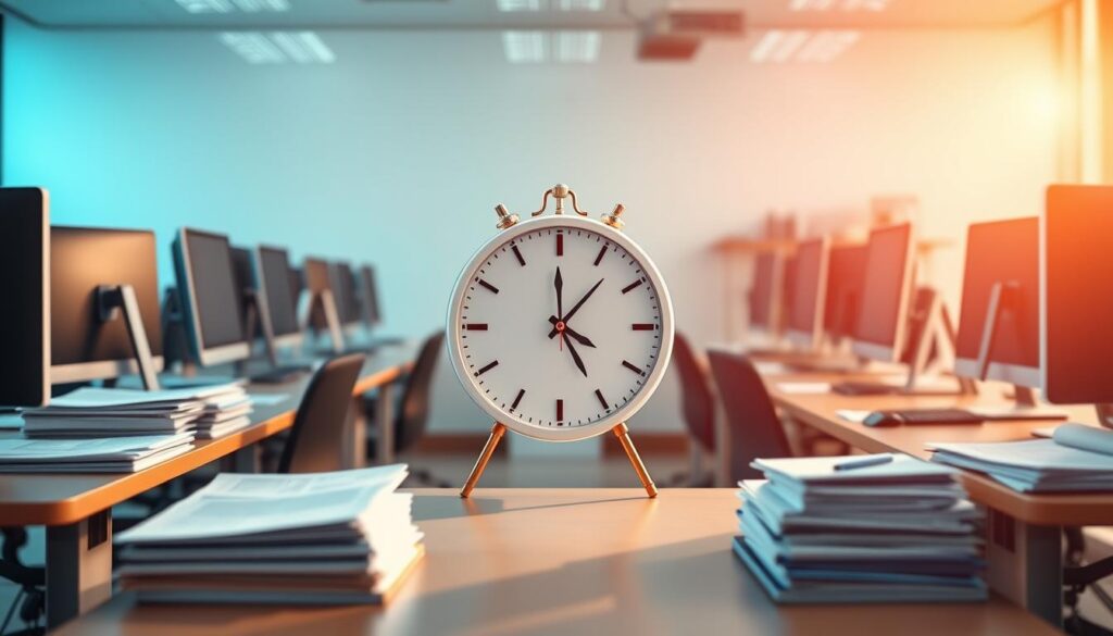 A professional office setting with desks, computers, and stacks of documents representing "business days" or "dias úteis". The lighting is warm and natural, casting a productive atmosphere. A central focus is a calendar or clock, symbolizing the passage of time, with a clean, minimalist design. The overall scene conveys a sense of efficiency, organization, and the steady progression of workdays. The image should feel visually balanced, with a clean and modern aesthetic to match the article's subject. A professional office setting with desks, computers, and stacks of documents representing "business days" or "dias úteis". The lighting is warm and natural, casting a productive atmosphere. A central focus is a calendar or clock, symbolizing the passage of time, with a clean, minimalist design. The overall scene conveys a sense of efficiency, organization, and the steady progression of workdays. The image should feel visually balanced, with a clean and modern aesthetic to match the article's subject.