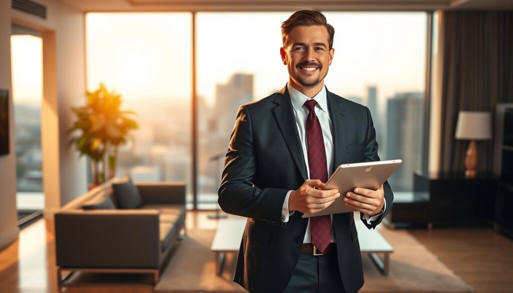 A real estate agent standing in a modern, well-lit office, wearing a suit and tie, holding a tablet and gesturing with an open hand, conveying a sense of professionalism and expertise. The background features a sleek, minimalist decor with a large window overlooking a cityscape, creating an atmosphere of sophistication and success. The lighting is warm and directional, highlighting the agent's confident demeanor and the high-quality furnishings. The overall scene presents the real estate agent as a knowledgeable, trustworthy guide in the home buying and selling process. A real estate agent standing in a modern, well-lit office, wearing a suit and tie, holding a tablet and gesturing with an open hand, conveying a sense of professionalism and expertise. The background features a sleek, minimalist decor with a large window overlooking a cityscape, creating an atmosphere of sophistication and success. The lighting is warm and directional, highlighting the agent's confident demeanor and the high-quality furnishings. The overall scene presents the real estate agent as a knowledgeable, trustworthy guide in the home buying and selling process.