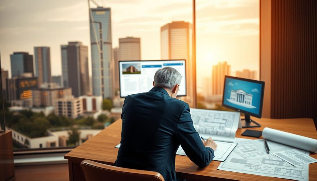 A real estate transaction scene, captured with a wide-angle lens and warm, diffused lighting. In the foreground, two people sit at a desk, signing documents. The middle ground showcases architectural blueprints and a computer monitor displaying property details. The background features a stylized cityscape with tall office buildings, conveying the sense of a thriving real estate market. The overall atmosphere is professional and authoritative, reflecting the complexities and importance of real estate transactions. A real estate transaction scene, captured with a wide-angle lens and warm, diffused lighting. In the foreground, two people sit at a desk, signing documents. The middle ground showcases architectural blueprints and a computer monitor displaying property details. The background features a stylized cityscape with tall office buildings, conveying the sense of a thriving real estate market. The overall atmosphere is professional and authoritative, reflecting the complexities and importance of real estate transactions.