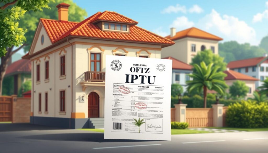 A realistic and detailed illustration of a house with an "IPTU" (property tax) document prominently displayed in the foreground. The building should have a classic Brazilian architectural style, with terracotta roof tiles, stucco walls, and decorative elements. The document should be well-lit, showcasing its official stamps and details. In the middle ground, there should be a small garden or landscaping, conveying a sense of a residential property. The background should depict a peaceful, suburban neighborhood, with other similar houses and lush vegetation. The overall mood should be one of formality and official process, but also a sense of home and community. A realistic and detailed illustration of a house with an "IPTU" (property tax) document prominently displayed in the foreground. The building should have a classic Brazilian architectural style, with terracotta roof tiles, stucco walls, and decorative elements. The document should be well-lit, showcasing its official stamps and details. In the middle ground, there should be a small garden or landscaping, conveying a sense of a residential property. The background should depict a peaceful, suburban neighborhood, with other similar houses and lush vegetation. The overall mood should be one of formality and official process, but also a sense of home and community.