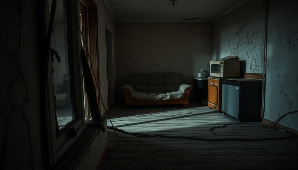 A run-down, dilapidated apartment interior with peeling paint, cracked walls, and worn-out furniture. The room is dimly lit, casting long shadows and creating an gloomy, uninviting atmosphere. In the foreground, a broken window frame and damaged floorboards suggest neglect and poor maintenance. In the middle ground, a tattered sofa and a rusting kitchen appliance convey a sense of low quality and outdated design choices. The background fades into darkness, emphasizing the overall sense of disrepair and undervaluation of the property. A run-down, dilapidated apartment interior with peeling paint, cracked walls, and worn-out furniture. The room is dimly lit, casting long shadows and creating an gloomy, uninviting atmosphere. In the foreground, a broken window frame and damaged floorboards suggest neglect and poor maintenance. In the middle ground, a tattered sofa and a rusting kitchen appliance convey a sense of low quality and outdated design choices. The background fades into darkness, emphasizing the overall sense of disrepair and undervaluation of the property.