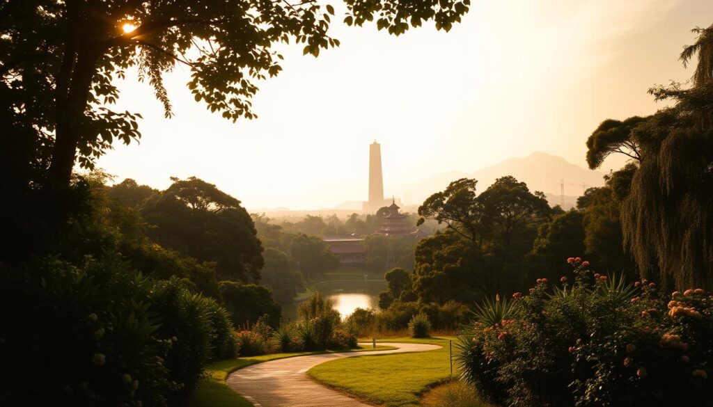 A scenic vista of a lush, verdant landscape with the towering silhouette of the Parque do Japão in the distance. In the foreground, a winding path leads the eye towards the park, flanked by vibrant foliage and blooming flowers. Warm, diffused sunlight filters through the canopy, casting a soft, golden glow over the entire scene. In the middle ground, a tranquil pond reflects the surrounding trees and buildings, creating a sense of serene harmony. The background is dominated by the distinctive architectural features of the park, its pagodas and pavilions standing as beacons amidst the verdant expanse. The overall mood is one of peaceful contemplation, inviting the viewer to explore the natural wonder of this captivating destination. A scenic vista of a lush, verdant landscape with the towering silhouette of the Parque do Japão in the distance. In the foreground, a winding path leads the eye towards the park, flanked by vibrant foliage and blooming flowers. Warm, diffused sunlight filters through the canopy, casting a soft, golden glow over the entire scene. In the middle ground, a tranquil pond reflects the surrounding trees and buildings, creating a sense of serene harmony. The background is dominated by the distinctive architectural features of the park, its pagodas and pavilions standing as beacons amidst the verdant expanse. The overall mood is one of peaceful contemplation, inviting the viewer to explore the natural wonder of this captivating destination.