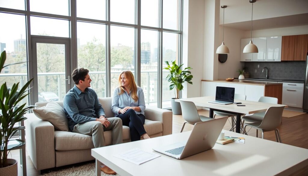 A serene and modern apartment interior, with large windows allowing natural light to flood the space. In the foreground, a couple comfortably seated on a plush sofa, discussing the benefits of using a real estate agency to find their perfect rental. In the middle ground, a desk with a laptop and some paperwork, signifying the ease of the rental process. The background showcases a well-appointed kitchen and dining area, hinting at the high-quality amenities the apartment offers. The overall scene conveys a sense of contentment, professionalism, and the advantages of utilizing a real estate agency's expertise when searching for a rental property. A serene and modern apartment interior, with large windows allowing natural light to flood the space. In the foreground, a couple comfortably seated on a plush sofa, discussing the benefits of using a real estate agency to find their perfect rental. In the middle ground, a desk with a laptop and some paperwork, signifying the ease of the rental process. The background showcases a well-appointed kitchen and dining area, hinting at the high-quality amenities the apartment offers. The overall scene conveys a sense of contentment, professionalism, and the advantages of utilizing a real estate agency's expertise when searching for a rental property.