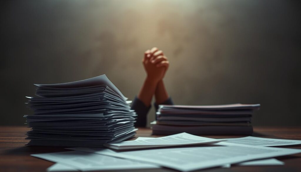 A serene and tranquil scene depicting the concept of "indisponibilidade de bens". In the foreground, a stack of legal documents and files, representing the legal proceedings associated with asset freezes or seizures. In the middle ground, a pair of hands grasping at the documents, symbolizing the individual's struggle to regain control over their assets. In the background, a dimly lit and muted color palette, evoking a sense of uncertainty and unease. The lighting is soft and moody, creating a pensive atmosphere. The camera angle is slightly low, giving the viewer a sense of the weight and gravity of the situation. The overall composition conveys the complexities and challenges of navigating the legal system when assets become unavailable. A serene and tranquil scene depicting the concept of "indisponibilidade de bens". In the foreground, a stack of legal documents and files, representing the legal proceedings associated with asset freezes or seizures. In the middle ground, a pair of hands grasping at the documents, symbolizing the individual's struggle to regain control over their assets. In the background, a dimly lit and muted color palette, evoking a sense of uncertainty and unease. The lighting is soft and moody, creating a pensive atmosphere. The camera angle is slightly low, giving the viewer a sense of the weight and gravity of the situation. The overall composition conveys the complexities and challenges of navigating the legal system when assets become unavailable.