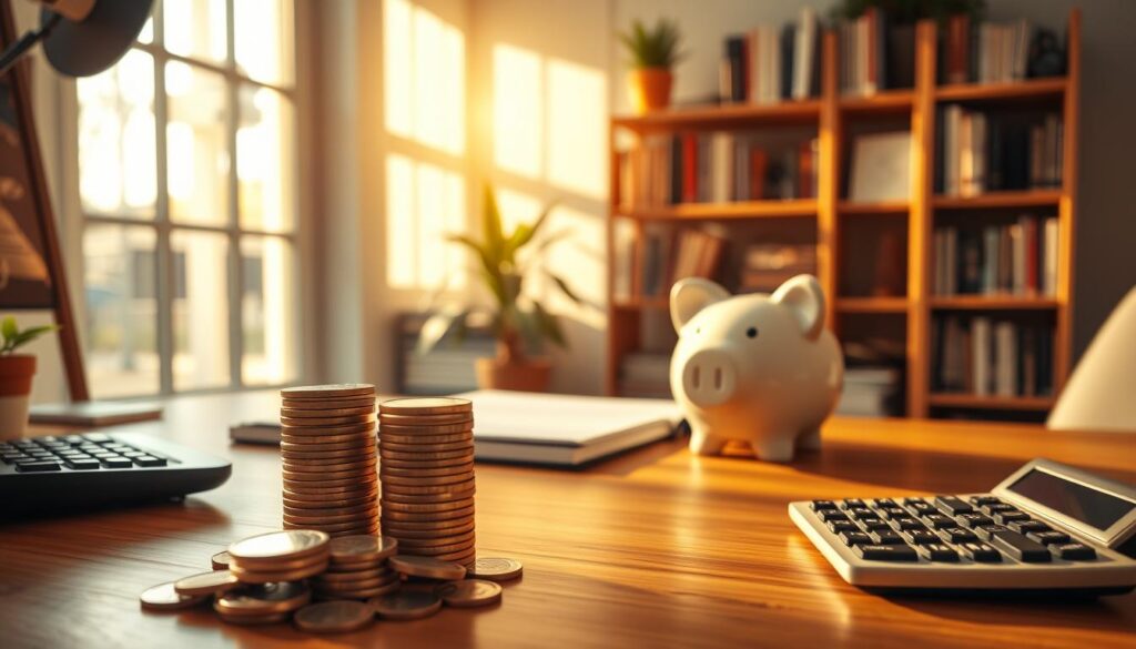 A serene home office with a wooden desk, a stack of coins, a piggy bank, and a calculator. Warm, natural lighting streams in through a nearby window, casting a soft glow on the scene. In the background, shelves filled with books and a potted plant create a cozy, productive atmosphere. The overall mood is one of financial responsibility and diligence, reflecting the journey of saving up to purchase a home. A serene home office with a wooden desk, a stack of coins, a piggy bank, and a calculator. Warm, natural lighting streams in through a nearby window, casting a soft glow on the scene. In the background, shelves filled with books and a potted plant create a cozy, productive atmosphere. The overall mood is one of financial responsibility and diligence, reflecting the journey of saving up to purchase a home.