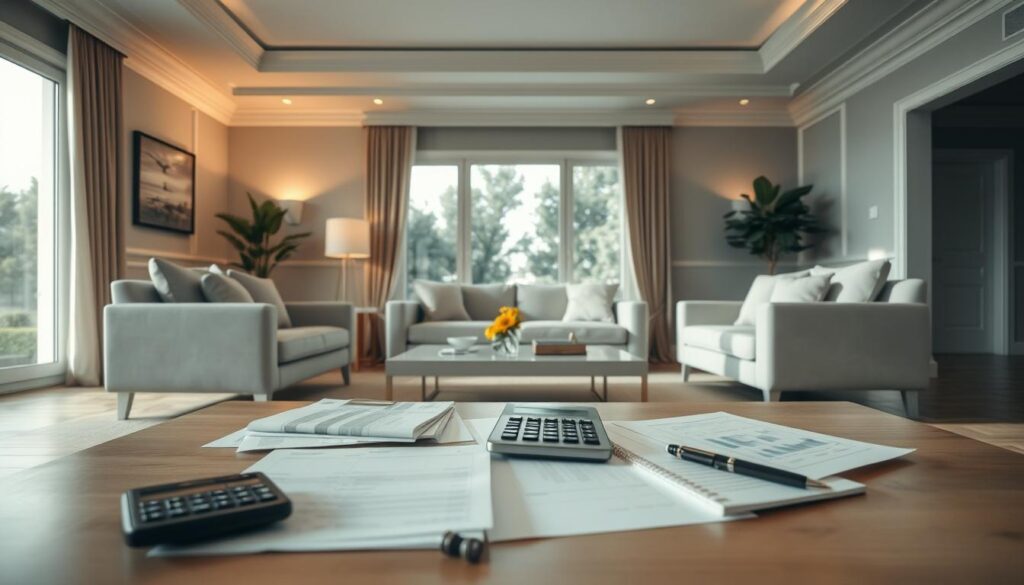 A serene interior scene featuring a well-appointed living room with a sleek, modern couch and armchair arrangement. In the foreground, a coffee table displays various financial documents and a calculator, hinting at the process of segmented home purchase payments. The middle ground showcases a large window, allowing natural light to flood the space and create a sense of openness and tranquility. In the background, subtle architectural details like crown molding and a neutral color palette contribute to an atmosphere of sophistication and refinement. Soft, diffused lighting emanates from concealed sources, casting a warm glow throughout the room and accentuating the carefully curated decor. The overall mood is one of calm contemplation, reflecting the thoughtful process of "entrada parcelada" or segmented home purchase payments. A serene interior scene featuring a well-appointed living room with a sleek, modern couch and armchair arrangement. In the foreground, a coffee table displays various financial documents and a calculator, hinting at the process of segmented home purchase payments. The middle ground showcases a large window, allowing natural light to flood the space and create a sense of openness and tranquility. In the background, subtle architectural details like crown molding and a neutral color palette contribute to an atmosphere of sophistication and refinement. Soft, diffused lighting emanates from concealed sources, casting a warm glow throughout the room and accentuating the carefully curated decor. The overall mood is one of calm contemplation, reflecting the thoughtful process of "entrada parcelada" or segmented home purchase payments.