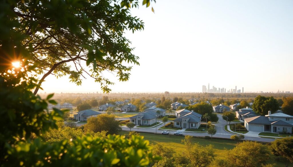 A serene landscape in Maringá, Brazil, featuring a well-planned residential development. In the foreground, verdant trees and lush greenery frame the scene, conveying a sense of natural harmony. The middle ground showcases a network of neatly paved roads and well-manicured lawns, with modern, energy-efficient homes dotting the neighborhood. In the background, the distant skyline is punctuated by the silhouettes of towering trees, creating a picturesque, tranquil atmosphere. The lighting is soft and warm, casting a golden glow over the entire composition, inviting the viewer to imagine the comfortable, safe, and sustainable living experience offered by this carefully selected loteamento. A serene landscape in Maringá, Brazil, featuring a well-planned residential development. In the foreground, verdant trees and lush greenery frame the scene, conveying a sense of natural harmony. The middle ground showcases a network of neatly paved roads and well-manicured lawns, with modern, energy-efficient homes dotting the neighborhood. In the background, the distant skyline is punctuated by the silhouettes of towering trees, creating a picturesque, tranquil atmosphere. The lighting is soft and warm, casting a golden glow over the entire composition, inviting the viewer to imagine the comfortable, safe, and sustainable living experience offered by this carefully selected loteamento.