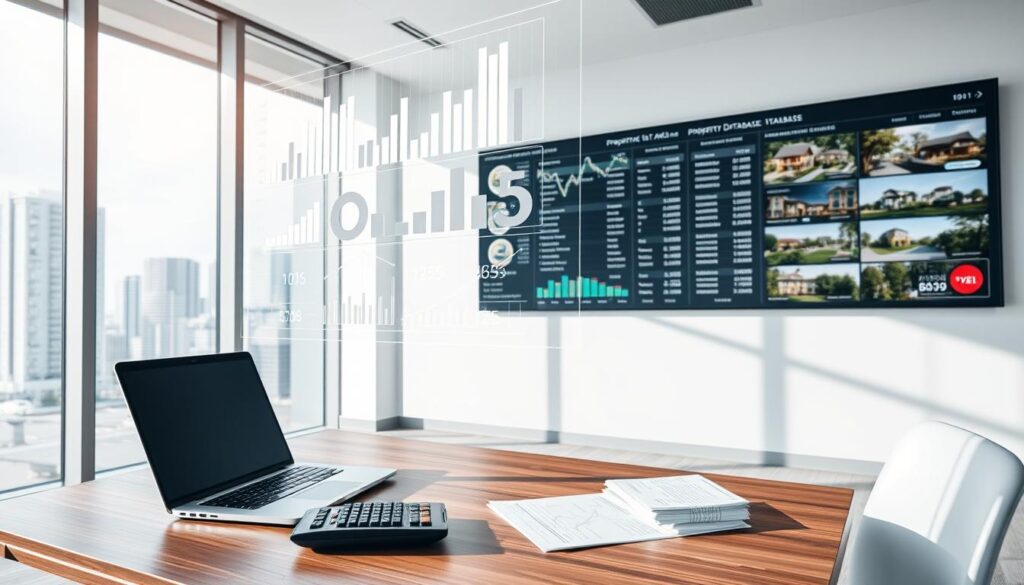 A serene modern office interior, bathed in natural light from large windows overlooking a cityscape. In the foreground, a sleek wooden desk with a laptop, calculator, and neatly organized documents. Floating above the desk, a holographic data visualization depicting graphs, charts, and real estate market trends. On the wall behind the desk, a large digital display showcases a comprehensive property database, with property details, pricing, and location information. The atmosphere is one of focused professionalism, with a sense of thoughtful analysis and strategic decision-making. A serene modern office interior, bathed in natural light from large windows overlooking a cityscape. In the foreground, a sleek wooden desk with a laptop, calculator, and neatly organized documents. Floating above the desk, a holographic data visualization depicting graphs, charts, and real estate market trends. On the wall behind the desk, a large digital display showcases a comprehensive property database, with property details, pricing, and location information. The atmosphere is one of focused professionalism, with a sense of thoughtful analysis and strategic decision-making.