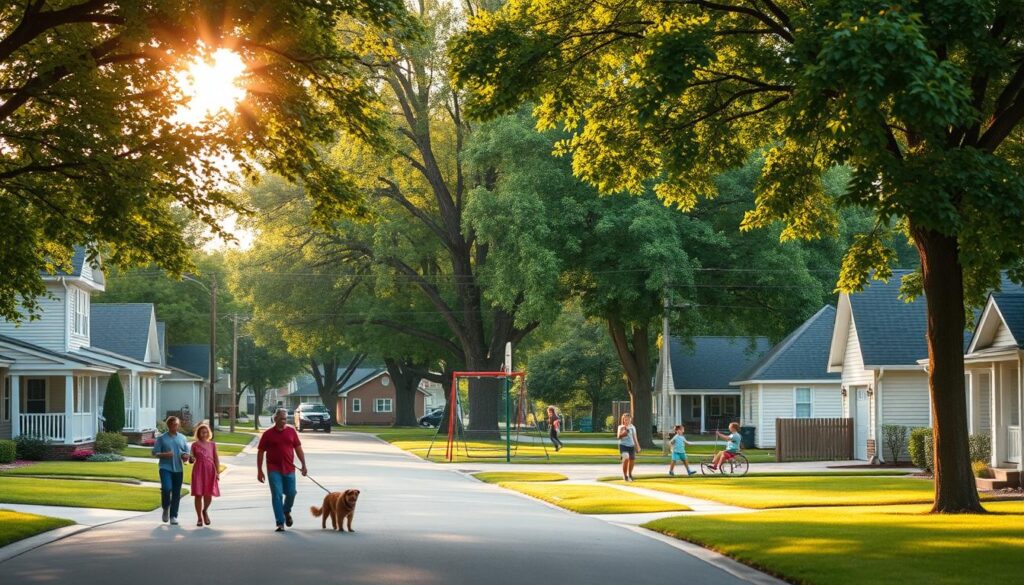 A serene suburban neighborhood, with neatly-trimmed lawns, well-maintained houses, and a sense of security. In the foreground, a family walks their dog on a quiet, tree-lined street. The middle ground features a community park, where children play on swings and a basketball court. In the background, a line of towering, mature trees frames the scene, casting gentle shadows and creating a peaceful ambiance. Warm, golden sunlight filters through the leaves, illuminating the tranquil setting. The overall atmosphere conveys a safe, family-friendly environment, reflecting the importance of location, surroundings, and security when considering a new home. A serene suburban neighborhood, with neatly-trimmed lawns, well-maintained houses, and a sense of security. In the foreground, a family walks their dog on a quiet, tree-lined street. The middle ground features a community park, where children play on swings and a basketball court. In the background, a line of towering, mature trees frames the scene, casting gentle shadows and creating a peaceful ambiance. Warm, golden sunlight filters through the leaves, illuminating the tranquil setting. The overall atmosphere conveys a safe, family-friendly environment, reflecting the importance of location, surroundings, and security when considering a new home.