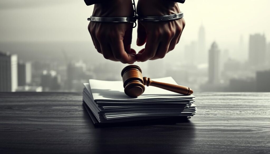 A serene yet imposing scene of legal impediments. In the foreground, a set of handcuffed hands symbolizing the restraints of asset seizure, rendered in a realistic, high-contrast style. In the middle ground, a weathered wooden gavel rests atop a stack of legal documents, hinting at the judicial process. The background depicts a hazy, monochromatic cityscape, suggesting the broader implications of asset unavailability. Dramatic shadows and a somber palette convey the gravity of the subject matter. The image is composed with a sense of balance and symmetry, guiding the viewer's eye through the layers of the scene. A serene yet imposing scene of legal impediments. In the foreground, a set of handcuffed hands symbolizing the restraints of asset seizure, rendered in a realistic, high-contrast style. In the middle ground, a weathered wooden gavel rests atop a stack of legal documents, hinting at the judicial process. The background depicts a hazy, monochromatic cityscape, suggesting the broader implications of asset unavailability. Dramatic shadows and a somber palette convey the gravity of the subject matter. The image is composed with a sense of balance and symmetry, guiding the viewer's eye through the layers of the scene.