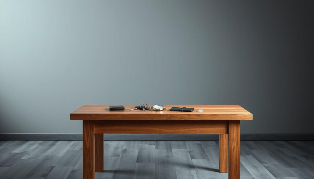 A serene, yet somber scene depicting the concept of "indisponibilidade de bens". A solid oak table stands in the foreground, its surface adorned with a scattered array of personal belongings - a wristwatch, a set of keys, a wallet, and other everyday items. The background is a muted, gray-toned environment, evoking a sense of restriction and limitation. Soft, diffused lighting casts a melancholic glow, emphasizing the idea of assets being made unavailable or inaccessible. The composition is balanced, with the table and its contents occupying the central focus, surrounded by a minimalist, almost clinical setting. This image aims to visually convey the essence of "indisponibilidade de bens" - the legal concept of asset restraint or seizure. A serene, yet somber scene depicting the concept of "indisponibilidade de bens". A solid oak table stands in the foreground, its surface adorned with a scattered array of personal belongings - a wristwatch, a set of keys, a wallet, and other everyday items. The background is a muted, gray-toned environment, evoking a sense of restriction and limitation. Soft, diffused lighting casts a melancholic glow, emphasizing the idea of assets being made unavailable or inaccessible. The composition is balanced, with the table and its contents occupying the central focus, surrounded by a minimalist, almost clinical setting. This image aims to visually convey the essence of "indisponibilidade de bens" - the legal concept of asset restraint or seizure.