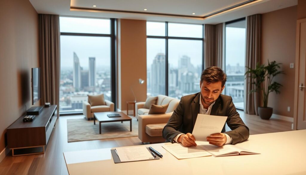 A sleek, modern apartment interior with an open-concept floor plan and large windows overlooking a city skyline. The walls are painted in a warm, neutral color, and the furniture is stylish and minimal, with clean lines and a muted palette. In the foreground, a well-dressed individual is seated at a desk, reviewing documents related to FGTS (Fundo de Garantia do Tempo de Serviço) and the purchase of a second property. The lighting is soft and diffused, creating a calm and professional atmosphere. The overall scene conveys a sense of financial responsibility and the ability to navigate the updated rules and regulations surrounding the use of FGTS for a second home purchase. A sleek, modern apartment interior with an open-concept floor plan and large windows overlooking a city skyline. The walls are painted in a warm, neutral color, and the furniture is stylish and minimal, with clean lines and a muted palette. In the foreground, a well-dressed individual is seated at a desk, reviewing documents related to FGTS (Fundo de Garantia do Tempo de Serviço) and the purchase of a second property. The lighting is soft and diffused, creating a calm and professional atmosphere. The overall scene conveys a sense of financial responsibility and the ability to navigate the updated rules and regulations surrounding the use of FGTS for a second home purchase.