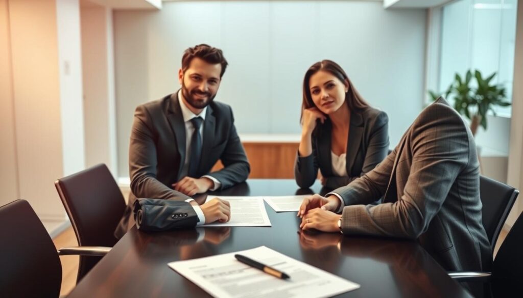 A sleek, modern office setting with two businesspeople sitting across a table, engaged in a discussion. The foreground features the pair, one with a confident, guarantor-like demeanor, the other with a more cautious, co-signer-esque expression. The middle ground showcases financial documents and a pen, symbolizing the contractual nature of their roles. The background is softly blurred, creating a sense of focus on the central figures and their interaction. The lighting is warm and professional, conveying an atmosphere of serious financial deliberation. The angle is slightly elevated, giving a sense of authority and decision-making. A sleek, modern office setting with two businesspeople sitting across a table, engaged in a discussion. The foreground features the pair, one with a confident, guarantor-like demeanor, the other with a more cautious, co-signer-esque expression. The middle ground showcases financial documents and a pen, symbolizing the contractual nature of their roles. The background is softly blurred, creating a sense of focus on the central figures and their interaction. The lighting is warm and professional, conveying an atmosphere of serious financial deliberation. The angle is slightly elevated, giving a sense of authority and decision-making.