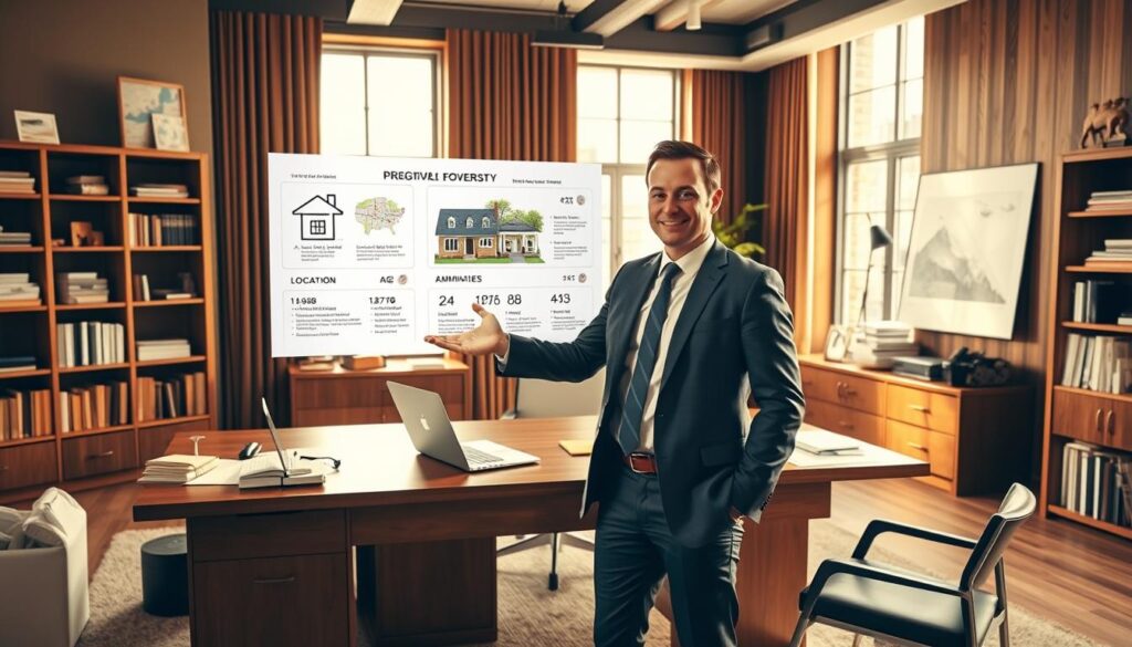 A sophisticated interior of a real estate office, featuring an expansive wooden desk with a sleek laptop, a well-stocked bookshelf, and an array of architectural models and blueprints. The room is bathed in warm, natural light filtering through large windows, casting a cozy, professional ambiance. In the foreground, a well-dressed realtor gestures toward a detailed infographic on the wall, highlighting key factors that influence property values, such as location, square footage, age, and amenities. The overall scene conveys a sense of expertise, authority, and attention to detail in the world of real estate. A sophisticated interior of a real estate office, featuring an expansive wooden desk with a sleek laptop, a well-stocked bookshelf, and an array of architectural models and blueprints. The room is bathed in warm, natural light filtering through large windows, casting a cozy, professional ambiance. In the foreground, a well-dressed realtor gestures toward a detailed infographic on the wall, highlighting key factors that influence property values, such as location, square footage, age, and amenities. The overall scene conveys a sense of expertise, authority, and attention to detail in the world of real estate.