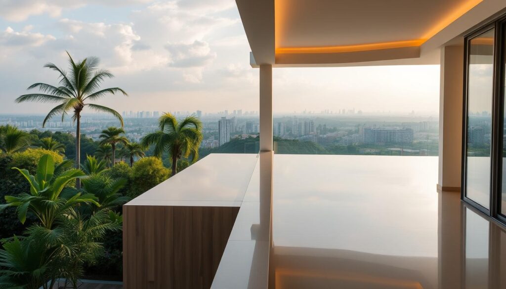 A spacious and modern apartment nestled in the heart of Maringá, featuring a stunning infinity pool that overlooks a lush, meticulously landscaped garden. The apartment's clean lines, large windows, and minimalist design create a harmonious balance between indoor and outdoor living. Warm, natural lighting filters through the space, casting a soft, inviting glow. In the background, the serene skyline of Maringá's bustling city center can be seen, hinting at the vibrant lifestyle that awaits. The image captures the essence of sophisticated, yet practical living, making it an enticing prospect for those seeking a studio apartment in this dynamic Brazilian city. A spacious and modern apartment nestled in the heart of Maringá, featuring a stunning infinity pool that overlooks a lush, meticulously landscaped garden. The apartment's clean lines, large windows, and minimalist design create a harmonious balance between indoor and outdoor living. Warm, natural lighting filters through the space, casting a soft, inviting glow. In the background, the serene skyline of Maringá's bustling city center can be seen, hinting at the vibrant lifestyle that awaits. The image captures the essence of sophisticated, yet practical living, making it an enticing prospect for those seeking a studio apartment in this dynamic Brazilian city.