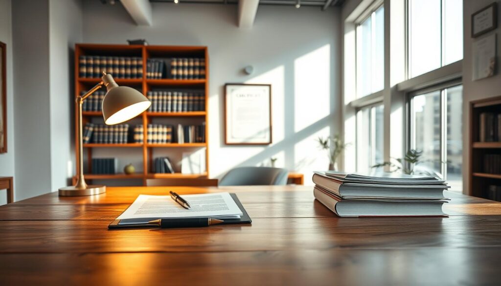 A spacious and well-lit office interior, with a large wooden desk prominently displayed in the foreground. The desktop is adorned with a stack of official-looking documents, a pen, and a stylish desk lamp casting a warm glow over the scene. In the middle ground, a bookshelf lined with legal tomes and a framed certificate hang on the wall, conveying a sense of professionalism and authority. The background features large windows allowing natural light to flood the room, creating a bright and airy atmosphere. The overall mood is one of trustworthiness, formality, and the gravitas associated with an official real estate transaction. A spacious and well-lit office interior, with a large wooden desk prominently displayed in the foreground. The desktop is adorned with a stack of official-looking documents, a pen, and a stylish desk lamp casting a warm glow over the scene. In the middle ground, a bookshelf lined with legal tomes and a framed certificate hang on the wall, conveying a sense of professionalism and authority. The background features large windows allowing natural light to flood the room, creating a bright and airy atmosphere. The overall mood is one of trustworthiness, formality, and the gravitas associated with an official real estate transaction.