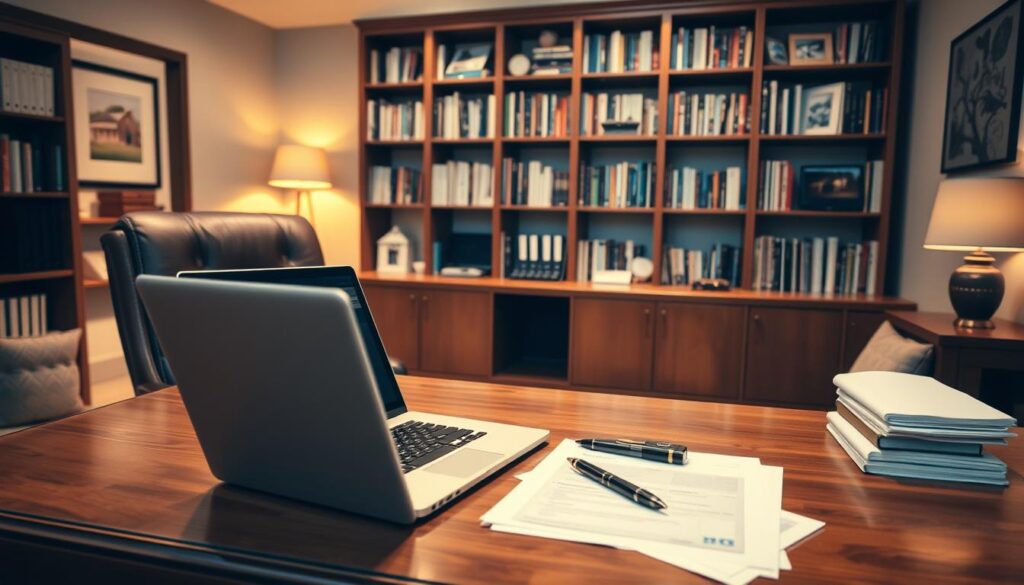 A spacious home office with a large wooden desk, a comfortable leather chair, and a well-organized bookshelf in the background. The desk features a laptop, a pen, and a stack of documents, suggesting an ongoing financial transaction. The lighting is warm and soft, creating a cozy, professional atmosphere. The room is decorated with minimal, tasteful elements, emphasizing the focus on the task at hand. The overall composition conveys a sense of calm and efficiency, reflecting the practical nature of a financed real estate transaction. A spacious home office with a large wooden desk, a comfortable leather chair, and a well-organized bookshelf in the background. The desk features a laptop, a pen, and a stack of documents, suggesting an ongoing financial transaction. The lighting is warm and soft, creating a cozy, professional atmosphere. The room is decorated with minimal, tasteful elements, emphasizing the focus on the task at hand. The overall composition conveys a sense of calm and efficiency, reflecting the practical nature of a financed real estate transaction.