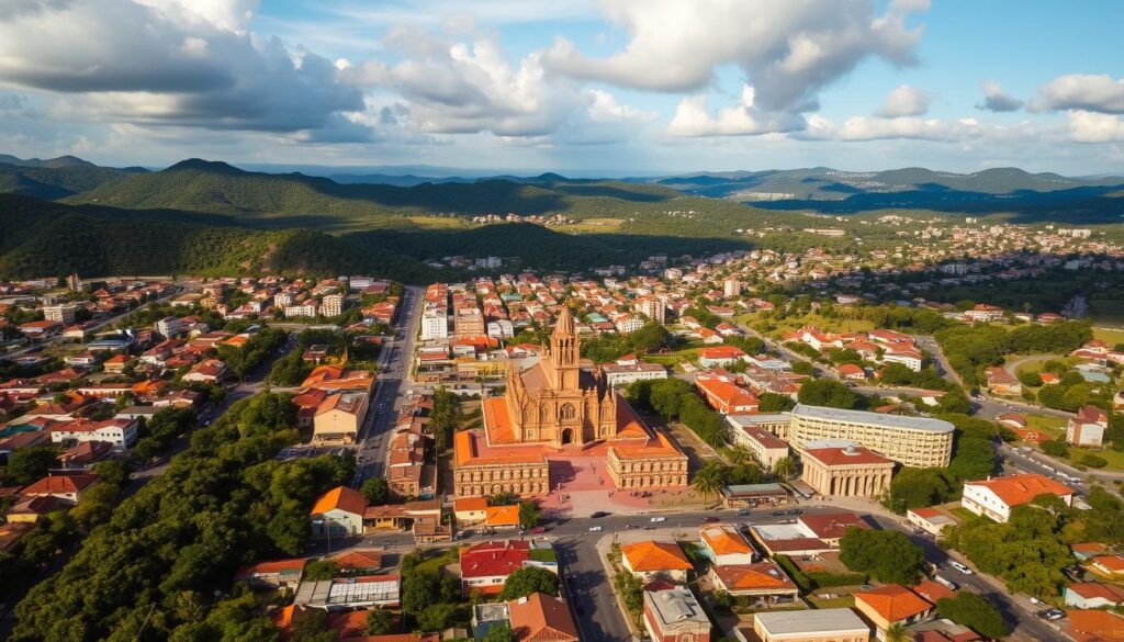 A sprawling aerial view of the Companhia de Terras Norte do Paraná, a bustling town in the lush green landscape of Maringá, Paraná. Expansive streets lined with colonial-style buildings and red-tiled roofs stretch out, surrounded by rolling hills and dense foliage. A central plaza with a prominent church tower stands as the focal point, flanked by busy marketplaces and bustling commercial activity. The scene is bathed in warm, golden sunlight, conveying a sense of prosperity and community during the town's formative years in the late 1940s. Clouds drift overhead, adding depth and atmosphere to the tranquil yet vibrant cityscape. A sprawling aerial view of the Companhia de Terras Norte do Paraná, a bustling town in the lush green landscape of Maringá, Paraná. Expansive streets lined with colonial-style buildings and red-tiled roofs stretch out, surrounded by rolling hills and dense foliage. A central plaza with a prominent church tower stands as the focal point, flanked by busy marketplaces and bustling commercial activity. The scene is bathed in warm, golden sunlight, conveying a sense of prosperity and community during the town's formative years in the late 1940s. Clouds drift overhead, adding depth and atmosphere to the tranquil yet vibrant cityscape.