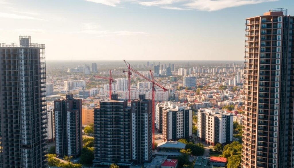 A sprawling cityscape of Maringá, Brazil unfolds, showcasing a panoramic view of the city's vibrant skyline. In the foreground, a group of modern high-rise apartment buildings stand in various stages of construction, their skeletal frames and half-completed facades hinting at the exciting future developments to come. The middle ground is dotted with cranes and construction equipment, highlighting the active development happening throughout the city. In the background, the horizon is filled with a mix of established residential and commercial structures, reflecting the diverse architectural styles that define Maringá's urban landscape. The scene is bathed in warm, golden sunlight, casting a soft, inviting glow over the entire composition. This image captures the dynamic tension between the city's existing and emerging real estate landscape, perfectly encapsulating the theme of "Apartment on the Plant or Ready? What's the Best Option in Maringá?" A sprawling cityscape of Maringá, Brazil unfolds, showcasing a panoramic view of the city's vibrant skyline. In the foreground, a group of modern high-rise apartment buildings stand in various stages of construction, their skeletal frames and half-completed facades hinting at the exciting future developments to come. The middle ground is dotted with cranes and construction equipment, highlighting the active development happening throughout the city. In the background, the horizon is filled with a mix of established residential and commercial structures, reflecting the diverse architectural styles that define Maringá's urban landscape. The scene is bathed in warm, golden sunlight, casting a soft, inviting glow over the entire composition. This image captures the dynamic tension between the city's existing and emerging real estate landscape, perfectly encapsulating the theme of "Apartment on the Plant or Ready? What's the Best Option in Maringá?"