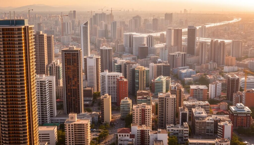 A sprawling cityscape of towering high-rises, bustling streets, and a vibrant real estate landscape. In the foreground, modern apartment complexes and commercial buildings stand tall, their sleek glass facades reflecting the sun's warm glow. In the middle ground, cranes dot the skyline, signifying ongoing construction and development. The background is filled with a mix of older, more traditional structures, hinting at the rich history and evolution of the Brazilian real estate market. The scene is bathed in a soft, golden light, creating a sense of optimism and prosperity. The overall atmosphere conveys the dynamic, ever-changing nature of the Brazilian real estate market, ready to be explored and invested in. A sprawling cityscape of towering high-rises, bustling streets, and a vibrant real estate landscape. In the foreground, modern apartment complexes and commercial buildings stand tall, their sleek glass facades reflecting the sun's warm glow. In the middle ground, cranes dot the skyline, signifying ongoing construction and development. The background is filled with a mix of older, more traditional structures, hinting at the rich history and evolution of the Brazilian real estate market. The scene is bathed in a soft, golden light, creating a sense of optimism and prosperity. The overall atmosphere conveys the dynamic, ever-changing nature of the Brazilian real estate market, ready to be explored and invested in.